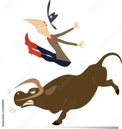 Farmer or cowboy and angry bull. Rodeo. 
Cartoon farmer or cowboy falls down from the bull. Isolated on white background

