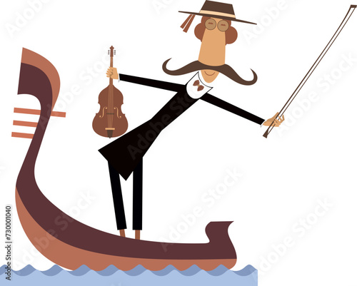 Man with violin riding gondola. 
Funny gondolier with long mustaches rides on gondola and playing violin. Isolated on white background
