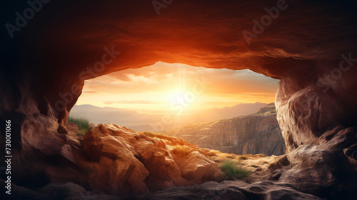 Empty tomb with cross on mountain