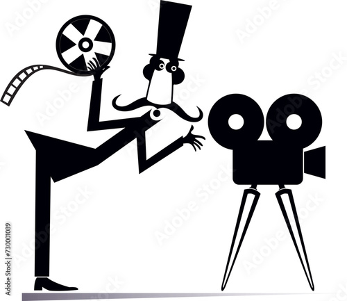 Cartoon long mustache, movie projector, tape. 
Cartoon long mustache man in the top hat stands near the movie projector and holds a tape. Isolated on white background
