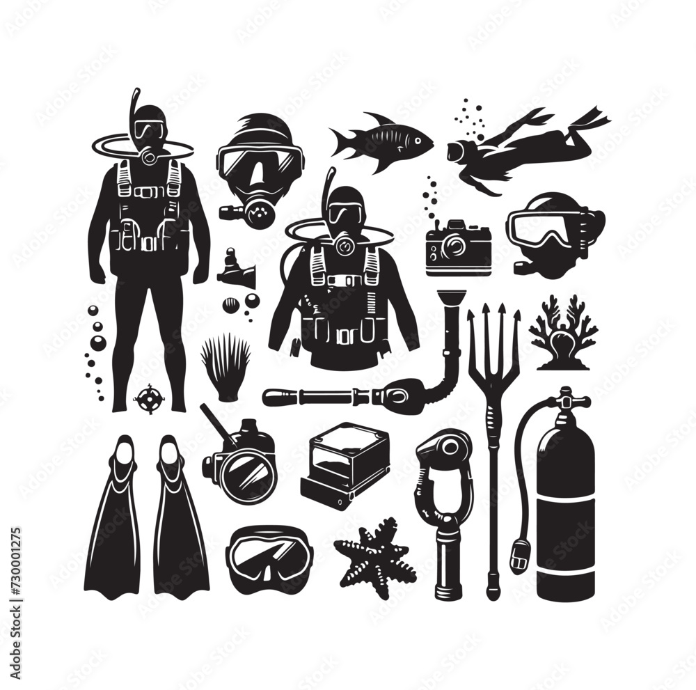 Obraz premium Vector scuba diving set silhouette vector illustration design