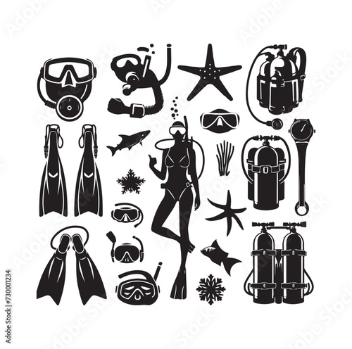 Vector scuba diving set silhouette vector illustration design