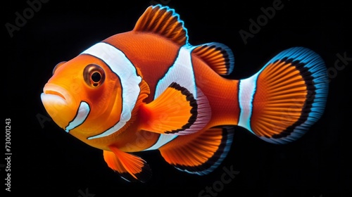 Close-up of cute clown fish, anemone fish (Amphiprion ocellaris) on a black background.