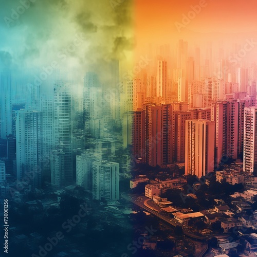 Double exposure of cityscapes at the moment of sunset and dawn with bright, contrasting shades with the dynamics and energy of city life. Concept: city life, event advertising