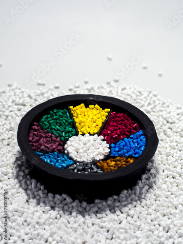 various colors of masterbatch granules in a round palette, isolated on a white background. This polymer is a colorant for products in the plastics industry