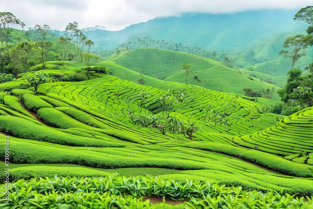 Lush tea plantations on the mountainside in the south Lush tea plantations on the mountainside in the south