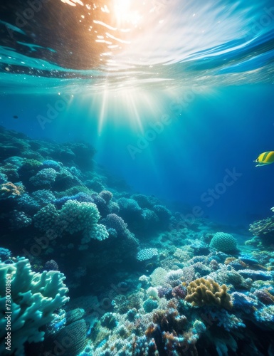 A vibrant coral reef teeming with colorful fish in the crystal clear ocean waters illuminated by the suns rays filtering through the water