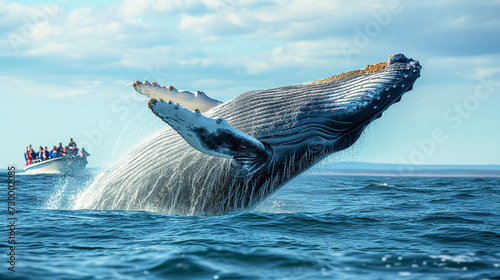 a whale of a time, whale emerges from the ocean in a powerful breach, with a boat of people watching in the background under a clear blue sky © weerasak