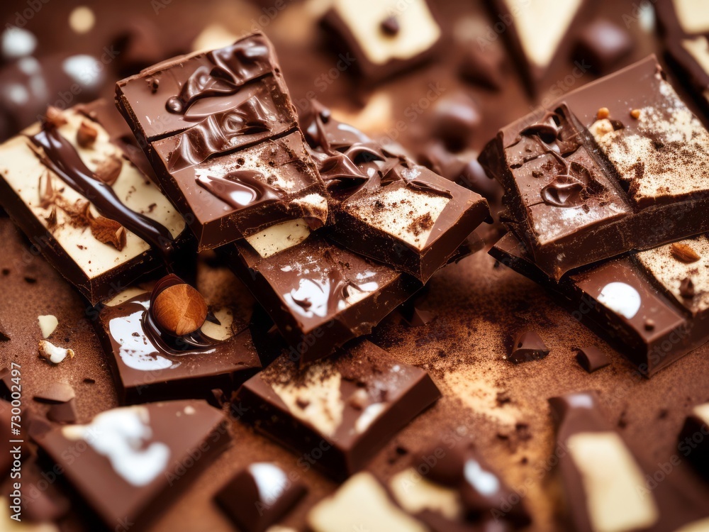 Flakes and pieces of chocolate with hazelnuts arranged on a table Flakes and pieces of chocolate with hazelnuts arranged on a table