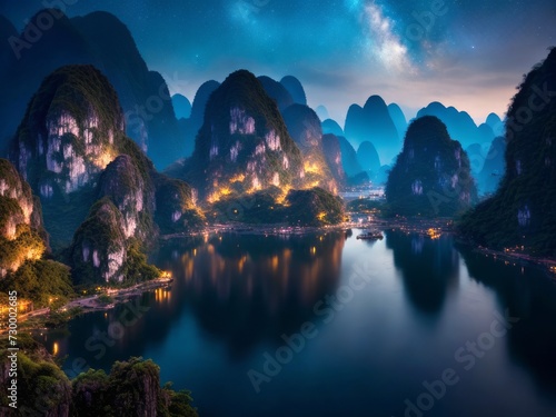 The night sky over Lijiang river, China a serene and captivating view of stars illuminating the tranquil river