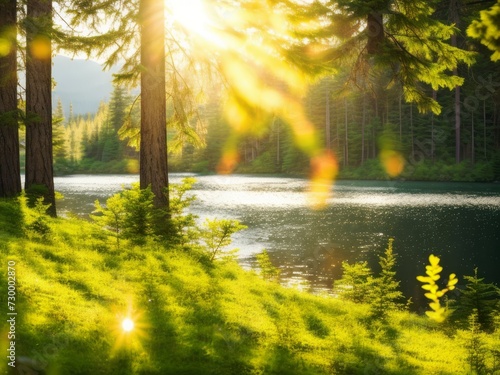 The suns rays filtering through the trees along the river into a serene forest, creating a beautiful natural environment