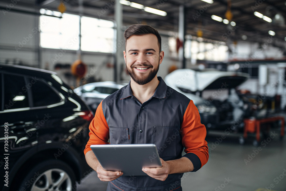 Automotive service advisor with tablet in hands, in car repair shop. Automotive service advisor with tablet in hands, in car repair shop.