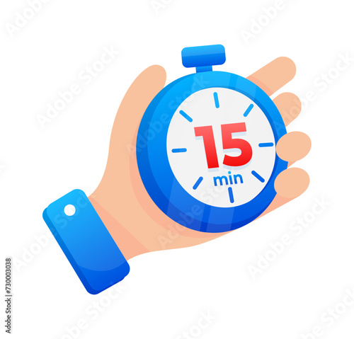 Hand firmly gripping a blue stopwatch set to 15 minutes, with a prominent red highlight on the timer