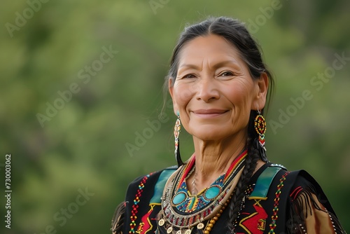 portrait of a Native American woman wearing traditional jewelry and clothing, smiling at the camera