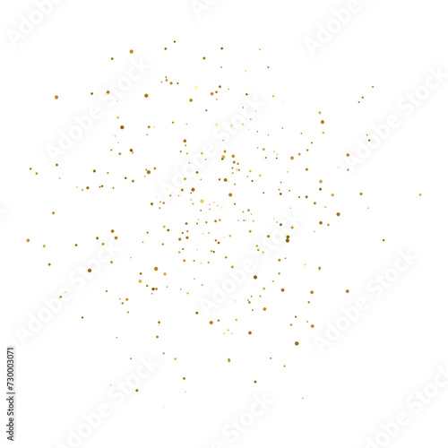 Gold glitter dots on transparent background. Bright dust explosion. Golden glitter particles splatter. Sparkling firework. Luxury design element. Vector illustration 