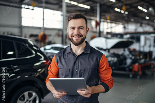 Automotive service advisor with tablet in hands, in car repair shop. 