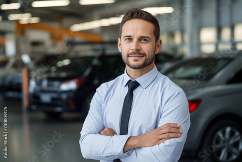Portrait of car salesman standing in front of new vehicles in car dealership. 