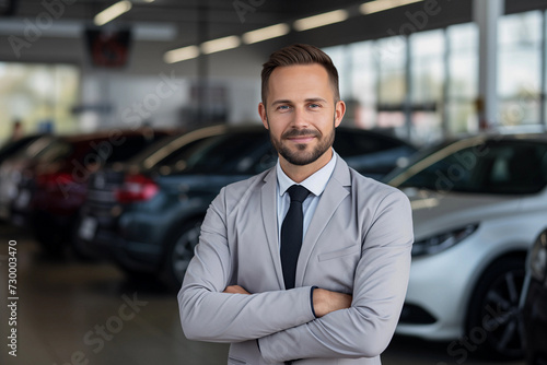 Portrait of car salesman standing in front of new vehicles in car dealership.  © NOWO