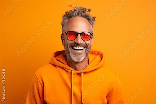 Handsome smiling man in orange hoodie and sunglasses on orange background