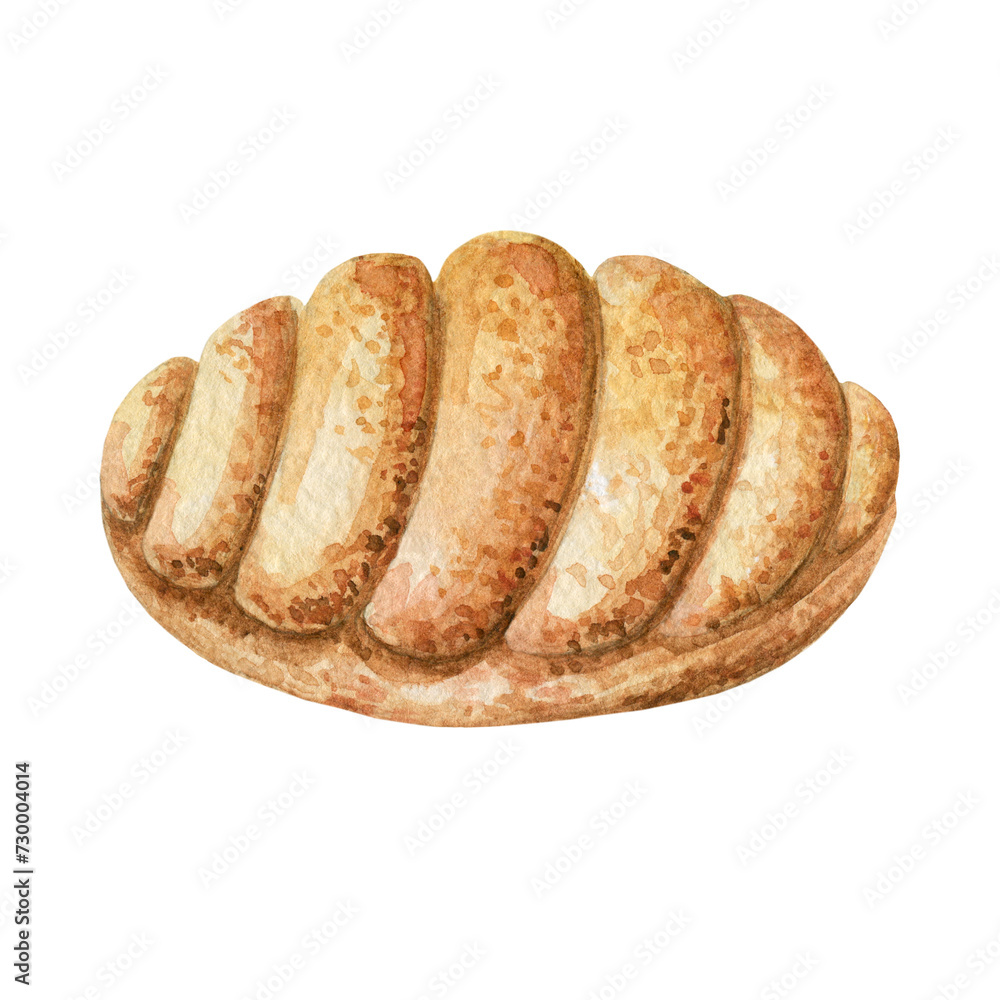 One cute scallop-shaped cookie. Pastries drawn in watercolor, illustration for menu, label, packaging, bakery or cafe isolated on white background One cute scallop-shaped cookie. Pastries drawn in watercolor, illustration for menu, label, packaging, bakery or cafe isolated on white background