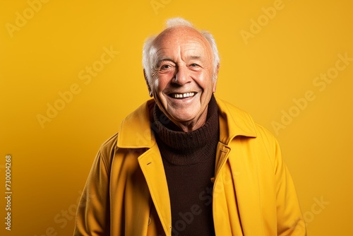 Portrait of a happy senior man on a yellow background. Elderly people concept. © Inigo