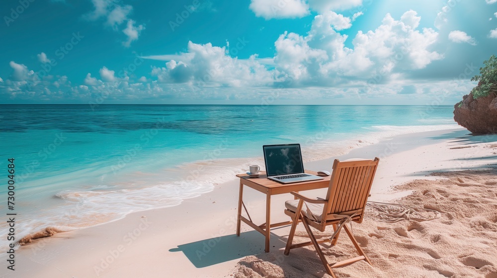  laptop keyboard on the beach, remote job concept