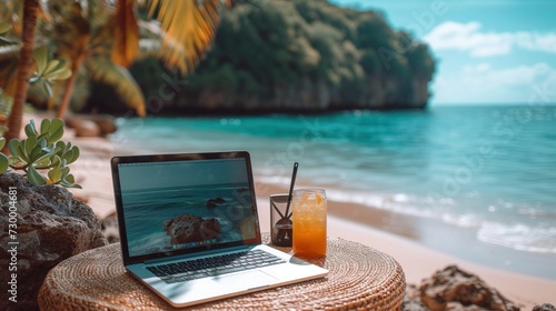 laptop keyboard on the beach, remote job concept