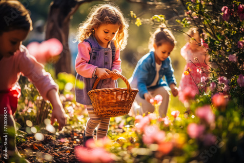 Children with baskets eagerly scour a vibrant garden, searching for hidden Easter eggs amidst blooming flowers and lush greenery. Generated AI.
