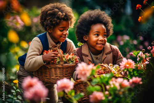 Children with baskets eagerly scour a vibrant garden, searching for hidden Easter eggs amidst blooming flowers and lush greenery. Generated AI. photo