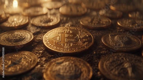 close up shoot of bitcoin, surrounded by coins