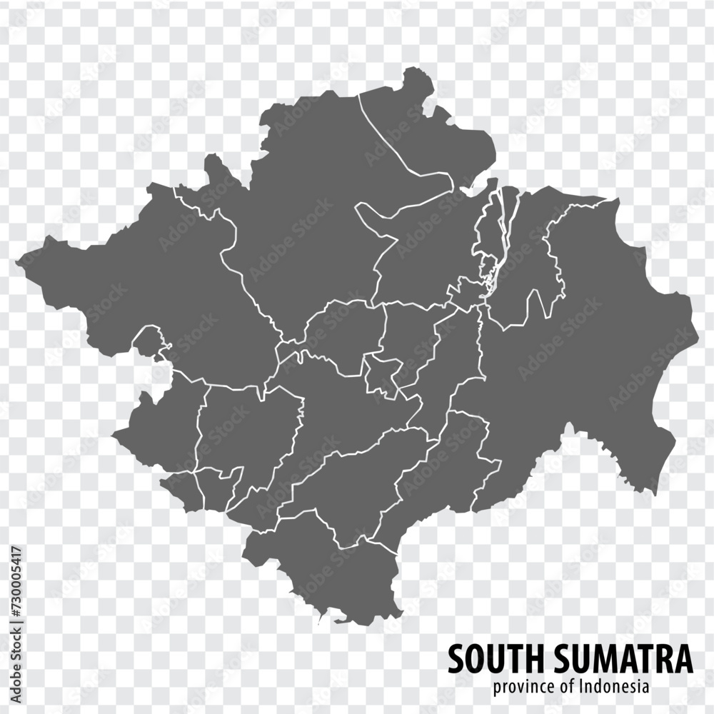 Blank map South Sumatra  province of Indonesia. High quality map South Sumatra with municipalities on transparent background for your web site design, logo, app, UI. Republic of Indonesia.  EPS10.
