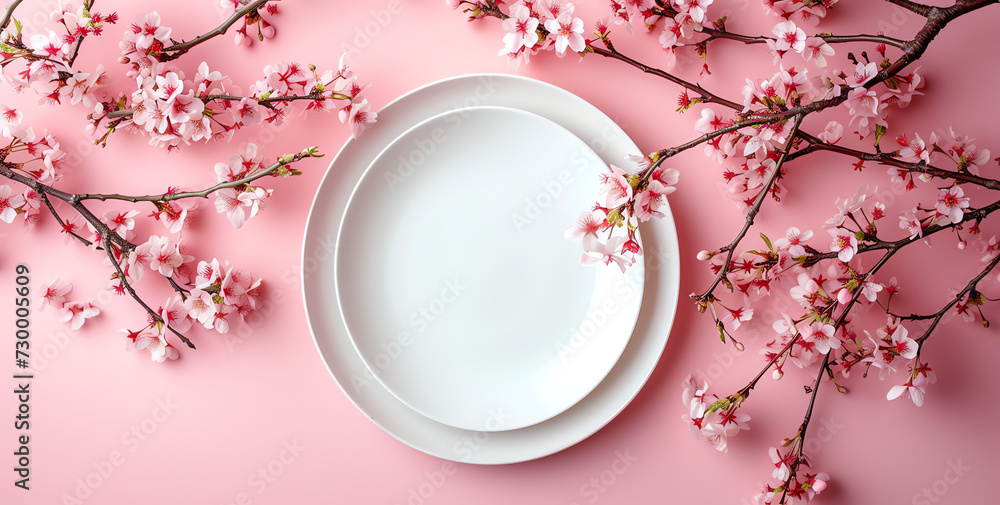 Empty white plate with cherry blossom branch on pink background. Top view, flat lay Empty white plate with cherry blossom branch on pink background. Top view, flat lay