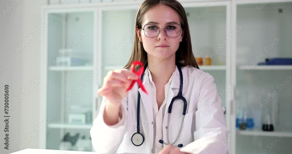 Doctor woman shows red ribbon symbol of World AIDS Day. HIV AIDS causes symptoms and treatment Doctor woman shows red ribbon symbol of World AIDS Day. HIV AIDS causes symptoms and treatment