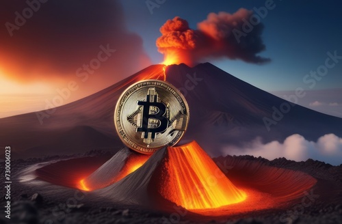 Bitcoin coin is on top of a volcano, volcanic eruption, cryptocurrency. Bitcoin cryptocurrency design. Photography of bitcoin cryptocurrency convulsing out of volcano with lava. Bitcoun growing fast photo