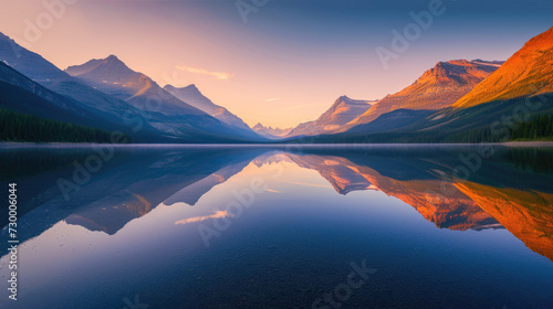 Reflection of dawn on a calm lake with the majesty of misty mountains