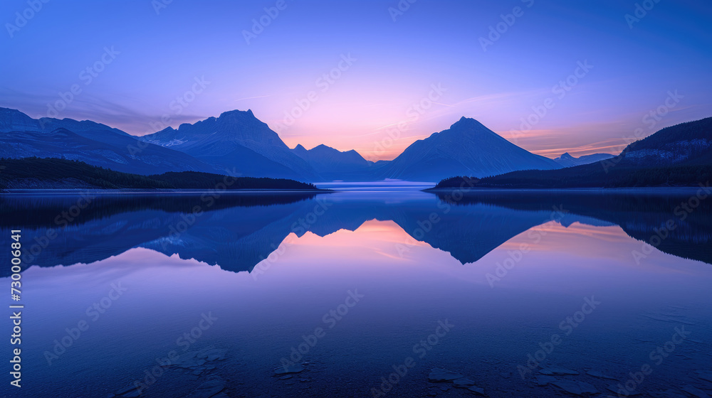 Reflection of dawn on a calm lake with the majesty of misty mountains