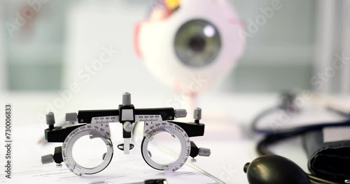 Corrective lenses and eye anatomy and ophthalmology concept. Eye examination and selection of glasses by ophthalmologist