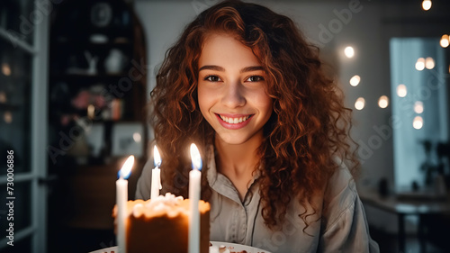 Portrait of a cute smiling young girl at the festive table on the occasion of her birthday. A room with things in the background. Holiday and birthday concept