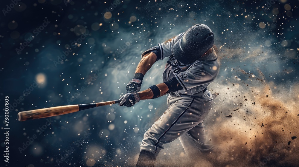 Baseball Player Executes Powerful Swing, Dust Erupting.