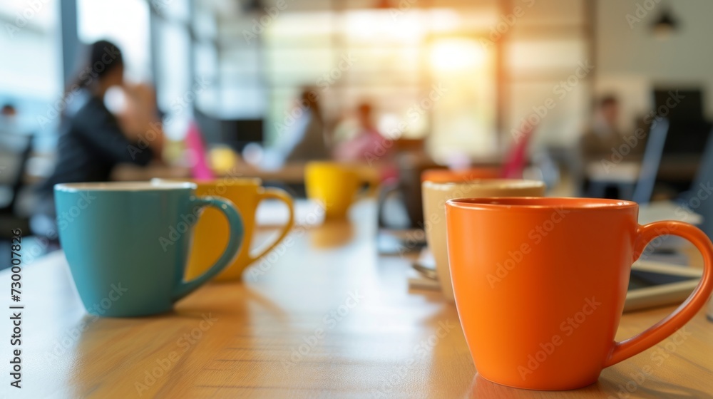 Colored mugs on desk with out-of-focus background Colored mugs on desk with out-of-focus background