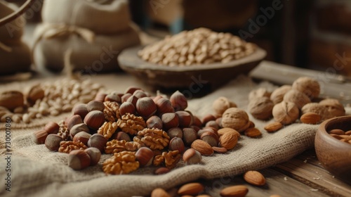 Large variety of nuts and legumes on the table, rural, healthy and nutritious food photo