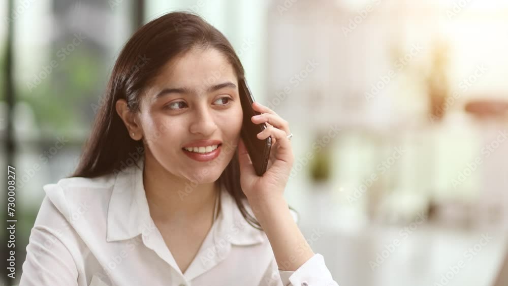 Portrait of young business woman with glasses ofand talking on mobile phone Portrait of young business woman with glasses ofand talking on mobile phone