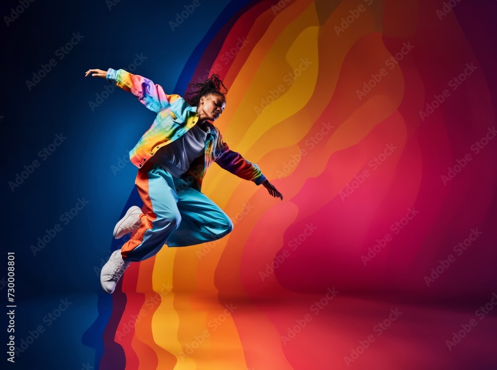 Street Groove Leap, A colorful rainbow captivating silhouette showcases a hip-hop artist's expressive jump, resonating with the beats of urban dance. Generative AI.