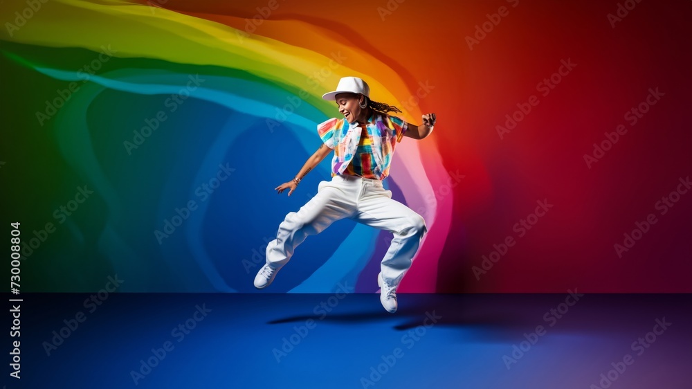 Fototapeta premium Street Groove Leap, A colorful rainbow captivating silhouette showcases a hip-hop artist's expressive jump, resonating with the beats of urban dance. Generative AI.
