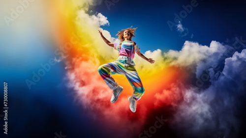 Street Groove Leap, A colorful rainbow captivating silhouette showcases a hip-hop artist's expressive jump, resonating with the beats of urban dance. Generative AI. photo