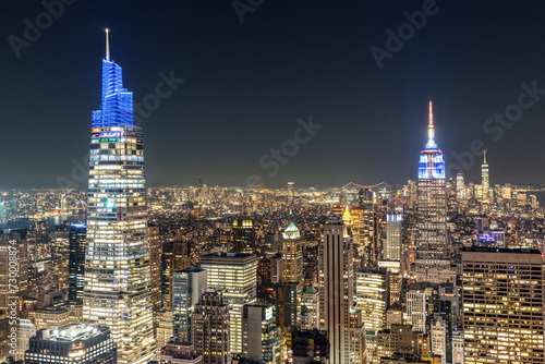New York City at night with three observation decks on display