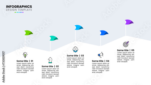 Infographic template. 5 flags with icons on the mountain