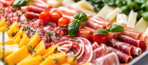 Italian appetizers featuring cold cuts, cheese, and vegetables in a closeup shot.