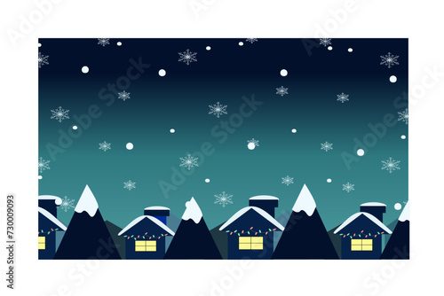 Snow in the village evening ,Flat winter landscape, snowflake and snow, winter holiday wallpaper, night sky 
