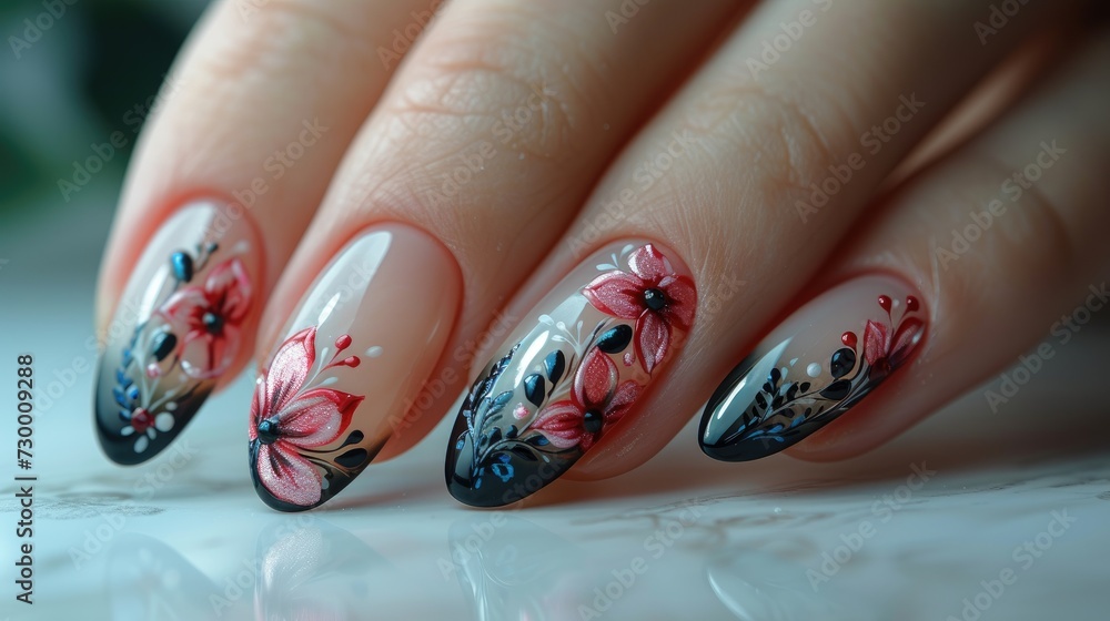 Elegant Hand with Black and Pink Crystal Embellished Nails. Elegant Hand with Black and Pink Crystal Embellished Nails.